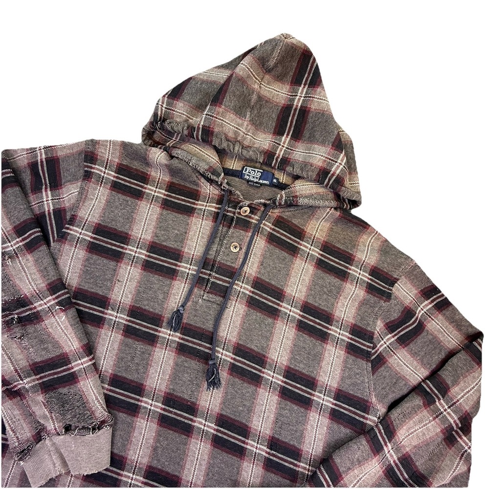 POLO by RALPH LAUREN VTG Check Plaid Gray Hoodie Sweatshirt Size XL Thrashed